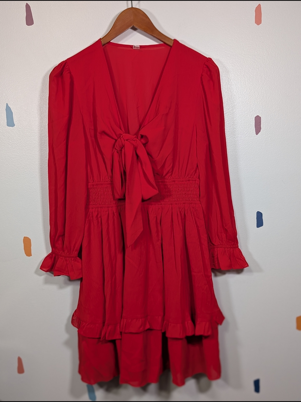 Exlura Red Tie-Front Long Sleeve Mini Dress